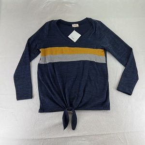 NWT Bibi Long Sleeve Shirt Sweater Blue Yellow Tie Front Womens Size S USA Made